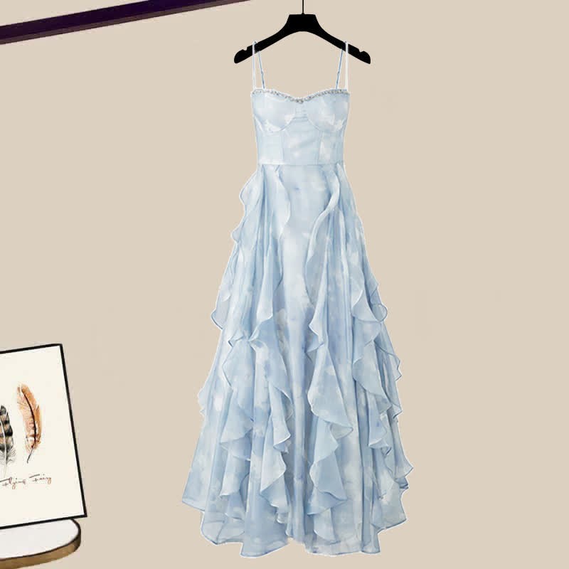 Blue Suspender Dress+Cardigan Two-piece Set UB99158