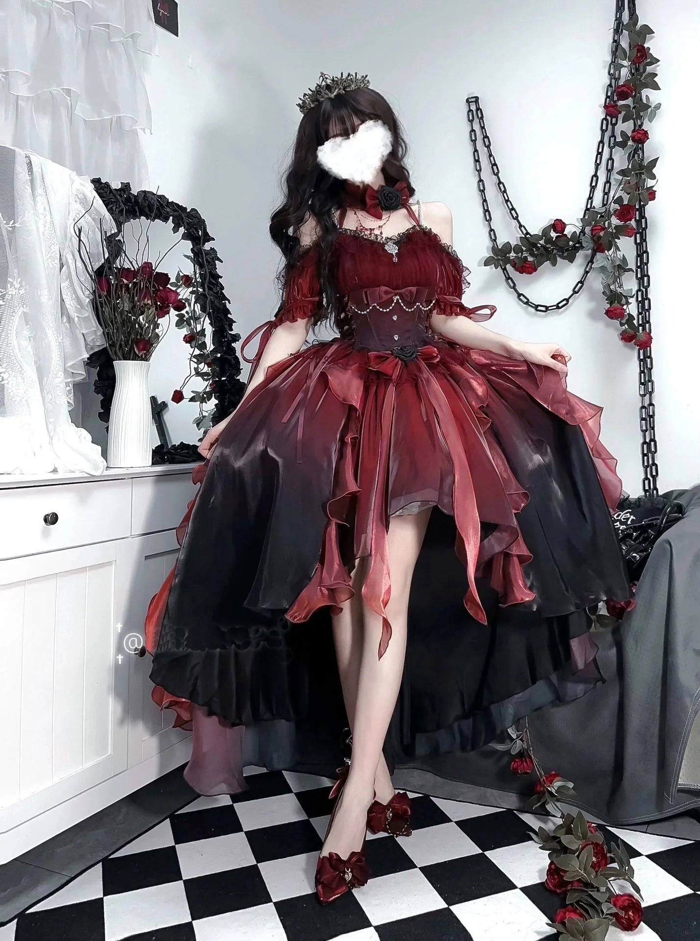 red and black princess dress Quinceanera Dresses Floral Applique Ruffles Princess Lace-up Gothic Prom Dresses