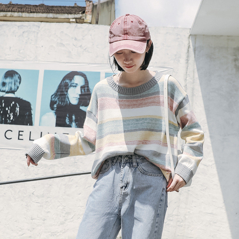 "COLORFUL STRIPE SWEATER ROUND NECK" PULLOVER K102202