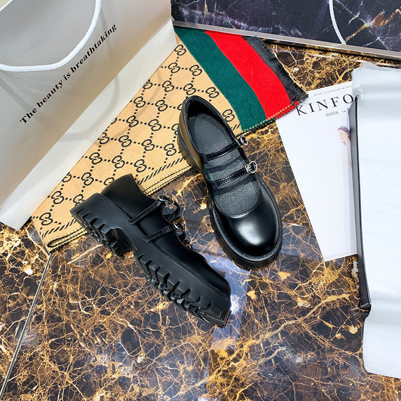 BLACK RETRO BUCKLE SMALL LEATHER SHOES UB3128