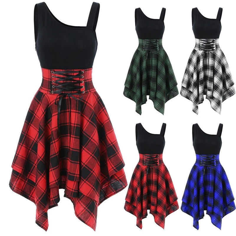 GOTHIC WAIST PLAID IRREGULAR" DRESS K082106 Uoobox GOTHIC WAIST PLAID IRREGULAR" DRESS K082106 Uoobox