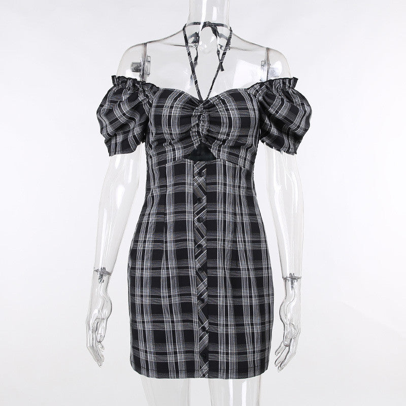 Off Shoulder Halterneck Plaid Dress ER5738