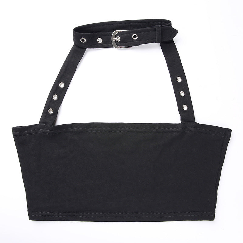 “METAL BUCKLE HALTER VEST” CROP TOPS W031104