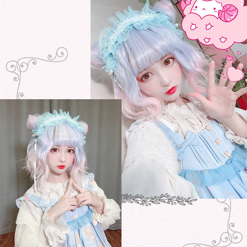 "BLUE-PINK GRADIENT" SHORT CURLY WIG WITH BANGS K081603