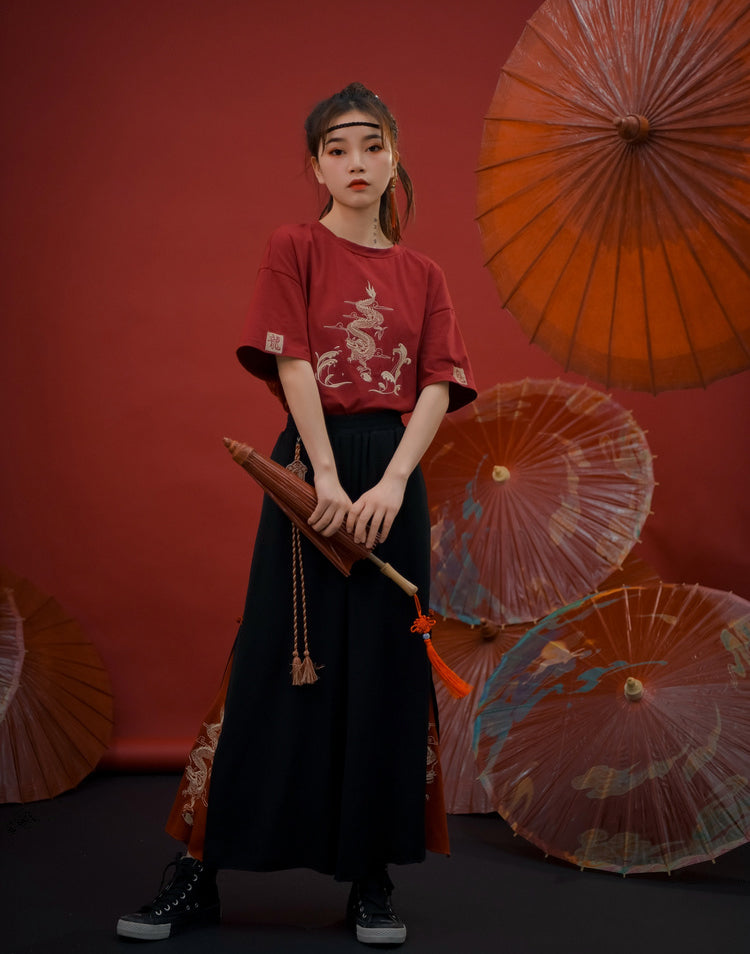 Hanfu Dragon Embroidery T-shirt Wide-leg Pants Two-piece Set UB6312