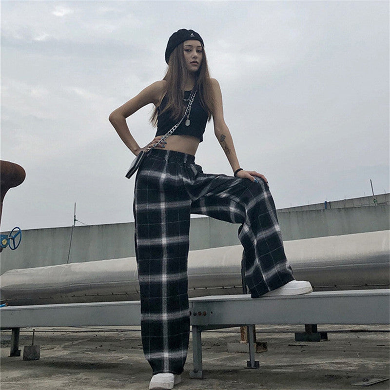 BLACK RETRO PLAID WIDE LEG PANTS UB3277