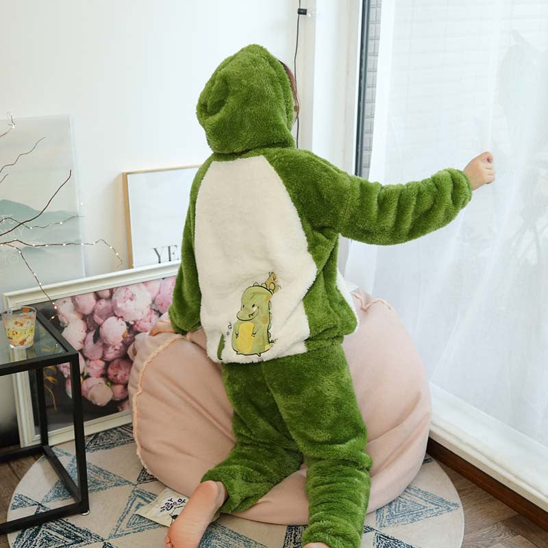 Cute Little Dinosaur Frog Coral Fleece Hooded Pajamas UB3347