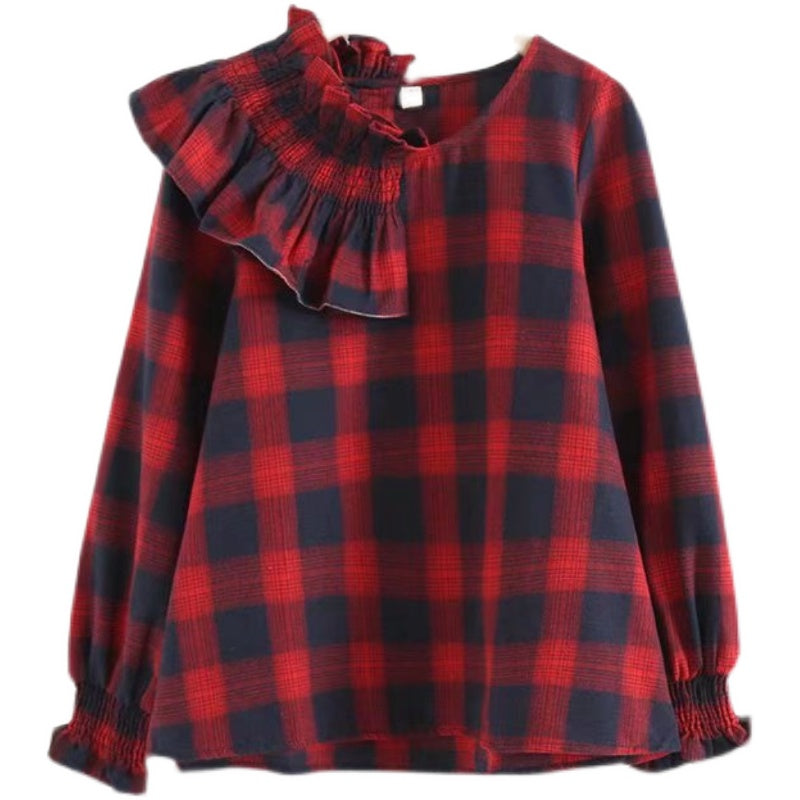 Ruffle-neck Puff-sleeve Plaid Shirt UB6196