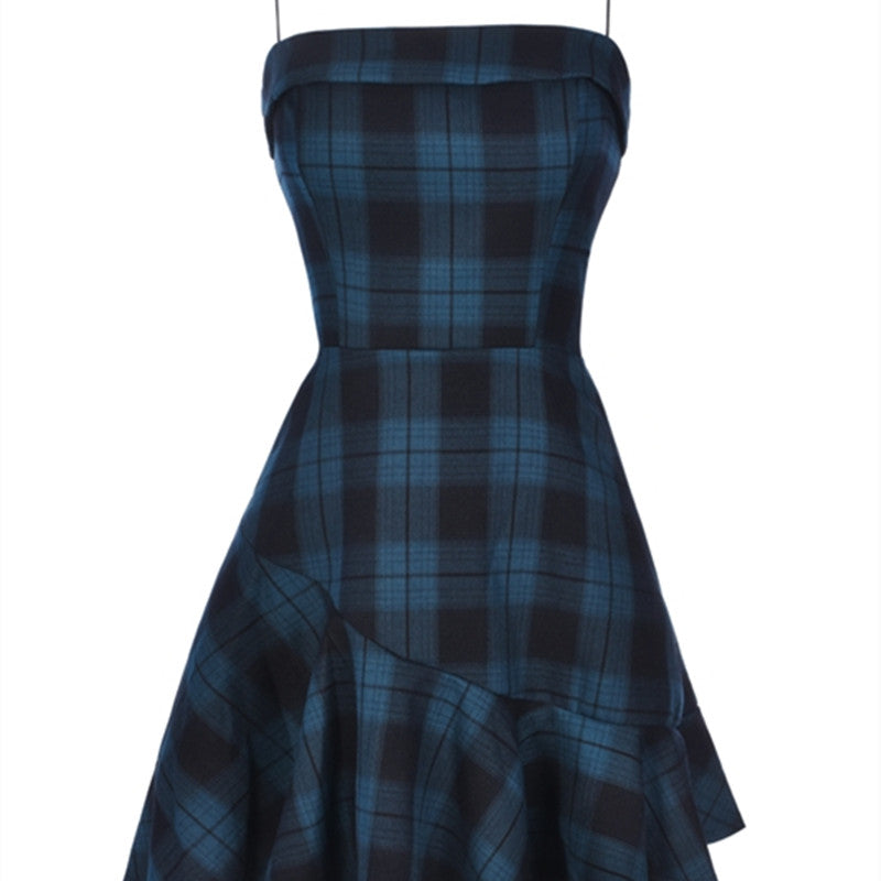 Blue Plaid Wavy Slip Dress UB6235