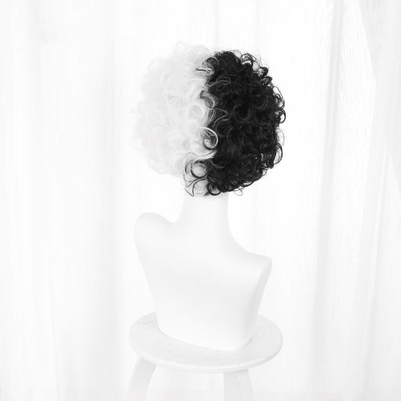 Half Black Half White Short Curly No Bang Cosplay Wig UB2448
