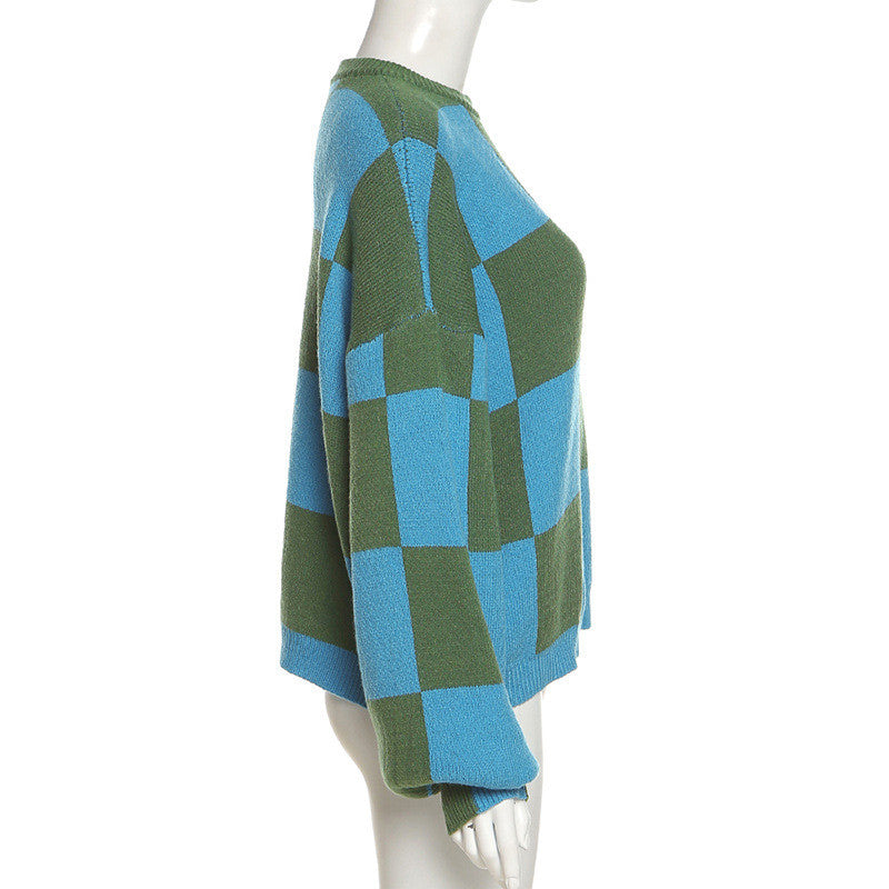 Green Stitching Plaid Pullover Sweater ER5839