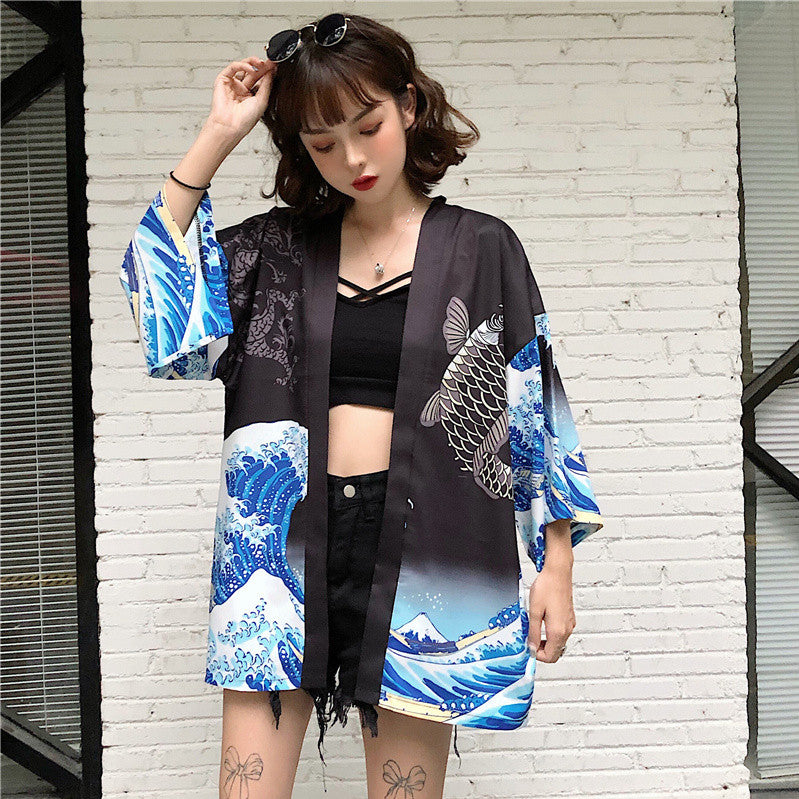 "UKIYO-E WAVES PRINTING" SUN PROTECTION KIMONO K100303