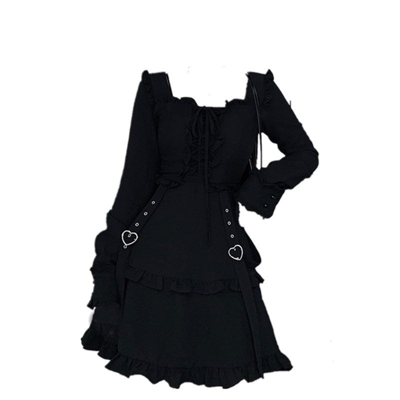 Vintage Black Gothic Ruffle Long Sleeve Dress UB6237