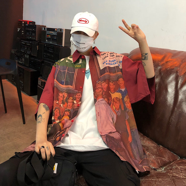 "RETRO PORTRAIT PRINTED LOOSE" SHORT-SLEEVED SHIRT K071305