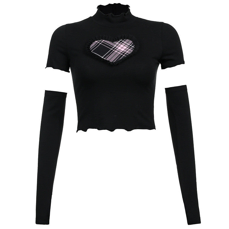 LOVE CONTRASTING COLOR SLEEVE NAVEL BARE T-SHIRT UB3326