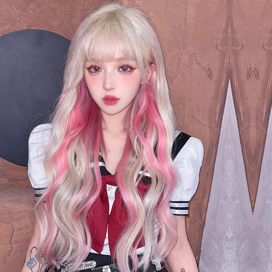 Gradient Pink Highlighting Long Curly Wig UB6127