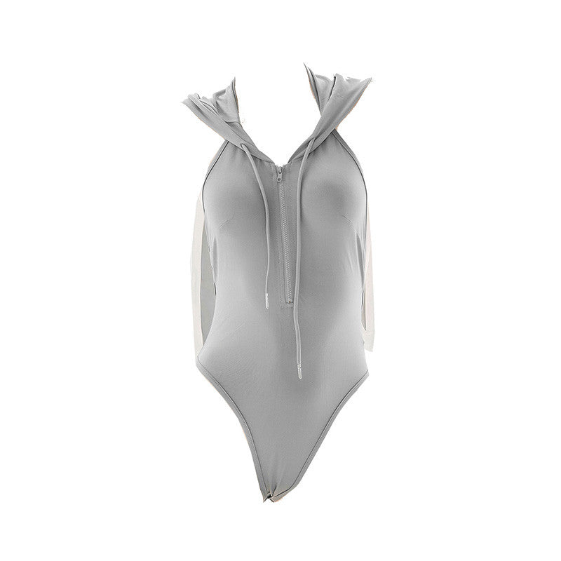 GREY RABBIT EARS HALTER BODYSUIT UB3371