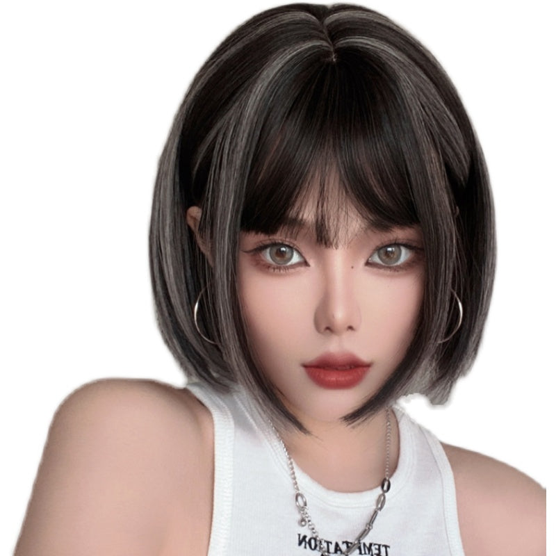White Highlighting Black Short Straight Hair Wig UB3508