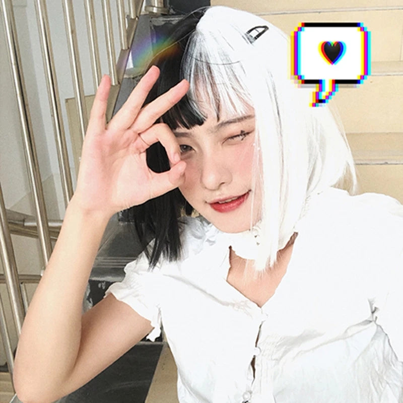 "BLACK WHITE BICOLOR LONG/SHORT STRAIGHT" WIG D041515