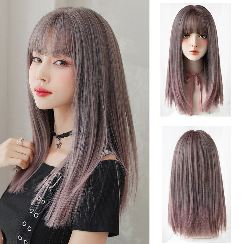 FLUFFY BANGS GRADIENT GRAY POWDER LONG STRAIGHT HAIR WIG UB2584
