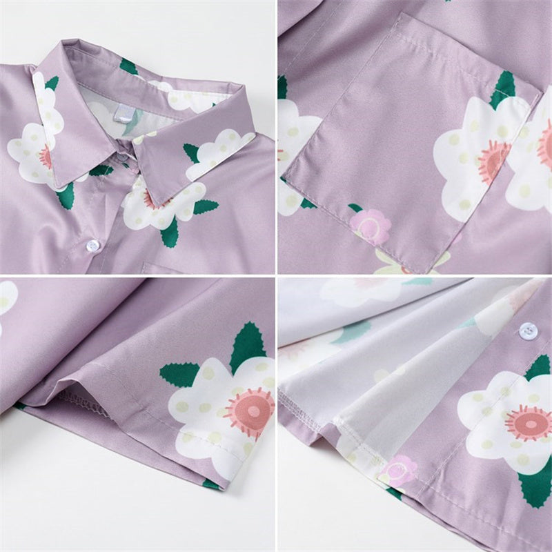 "CHIC CUTE FLOWER PURPLE " SHORT SLEEVE LOOSE SHIRT K081808