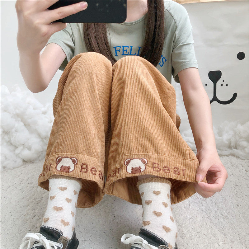 CUTE BEAR EMBROIDERY CORDUROY CASUAL PANTS UB3400
