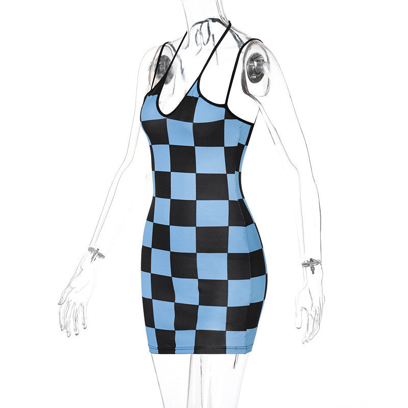 Check Print Halter Sling Dress ER5851