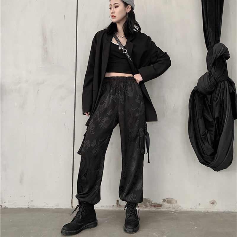 DARK DRAGON PRINT PATTERNED OVERALLS PANTS K071307