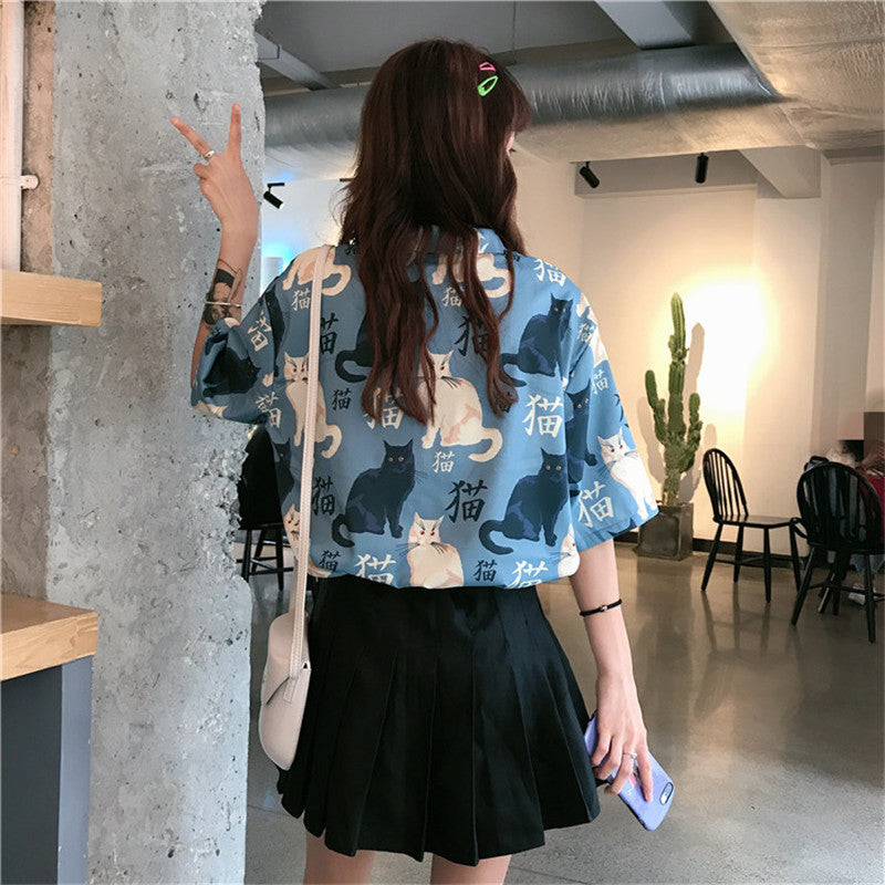 "KAWAII CAT PRINTING" SHORT SLEEVE BLOUSE K080308