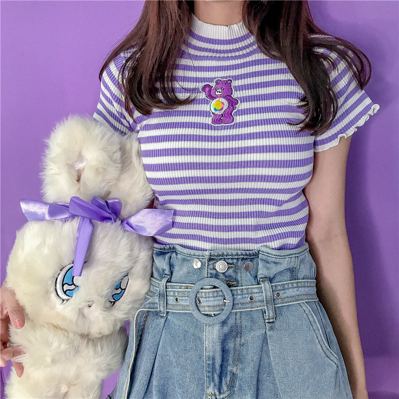 "CUTE EMBROIDERED STRIPED STRETCH-KNIT" SHORT SLEEVE Y032503