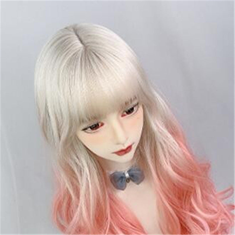 White Gold Gradient Pink Long Curly Wig ER5869