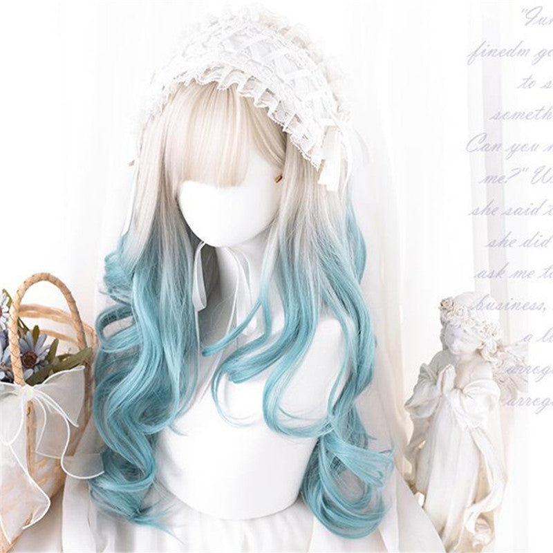 CREAMY WHITE GRADIENT BLUE LONG CURLY WIG UB3366