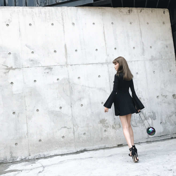 "BLACK METAL PIN SLEEVES V-NECK" DRESS K111823