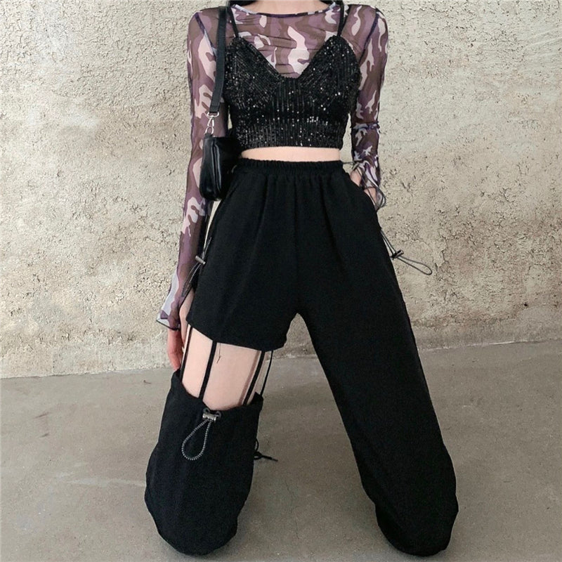 "Black Irregular Hollow Casual" Pants Y040802