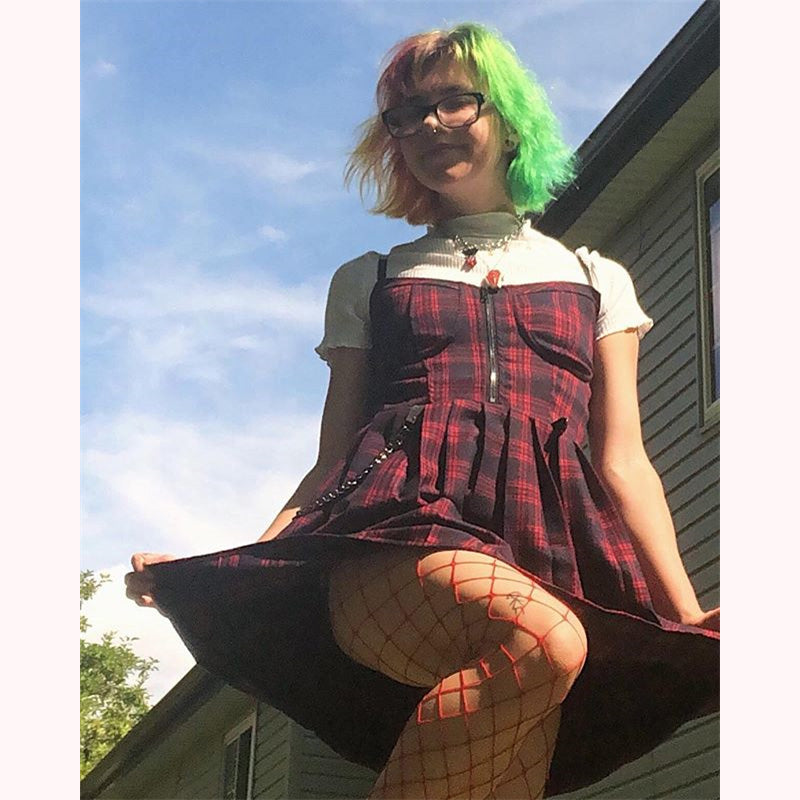 "RED BLACK PLAID PLEATED STRAP" DRESS D060503