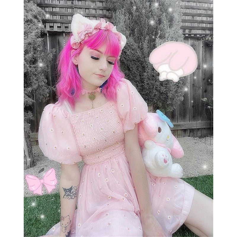 "DAISY EMBROIDERED PUFF SLEEVE MESH" DRESS N050601