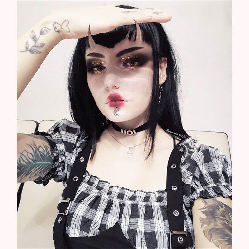 "OFF SHOULDER PLAID METAL BUTTON" TEE D052614