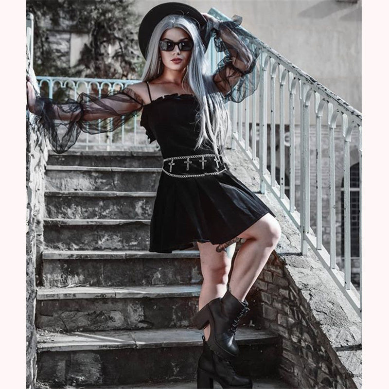 "BLACK PUFF SLEEVE OFF-SHOULDER VELVET" PLEATED DRESS K111822