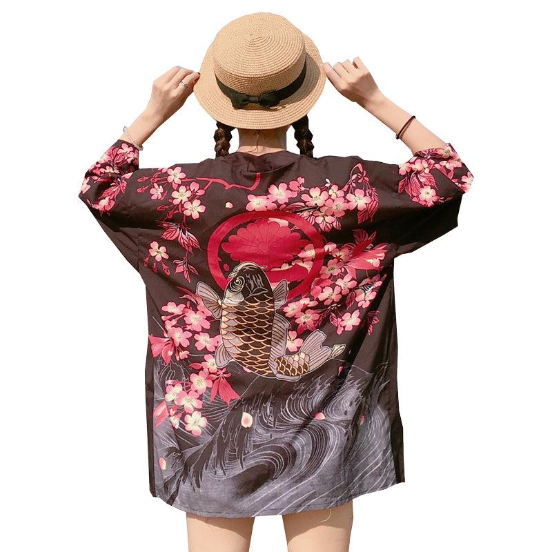 "JFASHION PRINTED CARP" SUNSCREEN KIMONO D051410