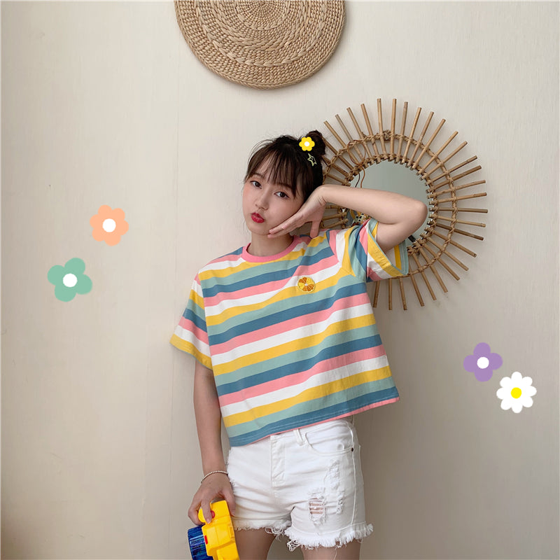 "RAINBOW STRIPED EMBROIDERY FRUITS" T-SHIRT N072209