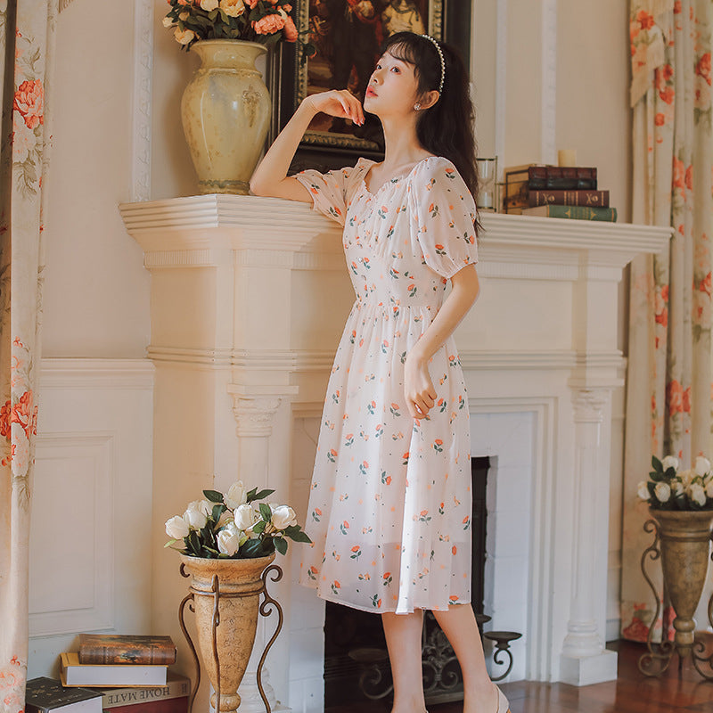 "APRICOT PINK FLORAL CHIFFON" DRESS N041602