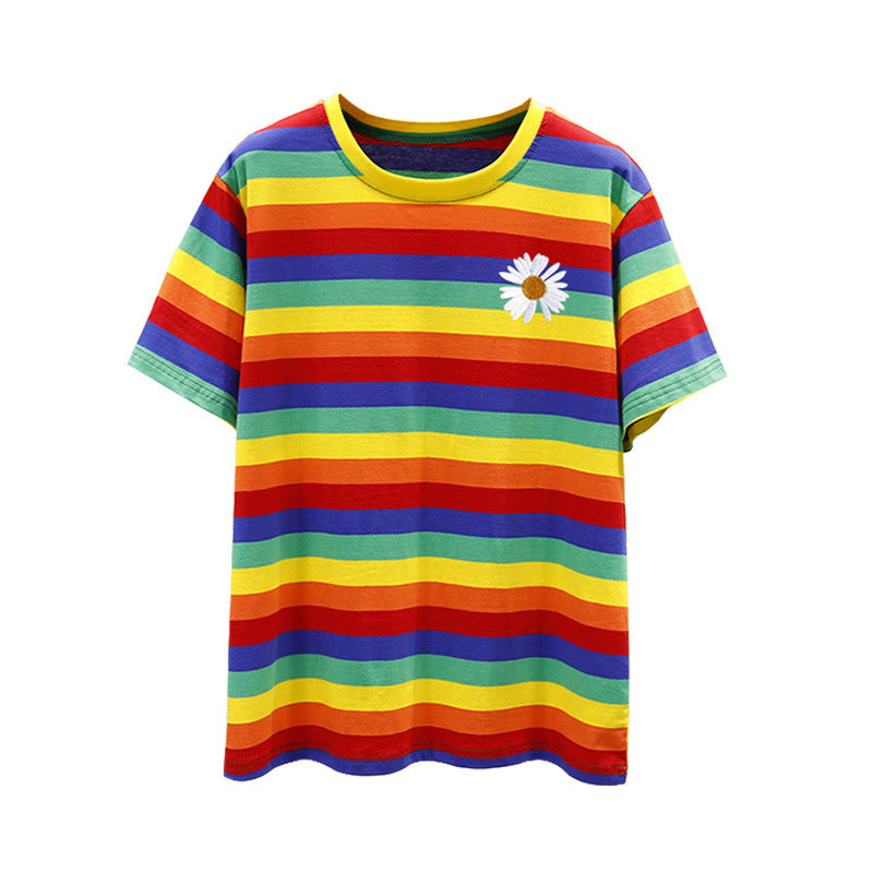 "RAINBOW STRIPES DAISY EMBROIDERY" T-SHIRT N072904