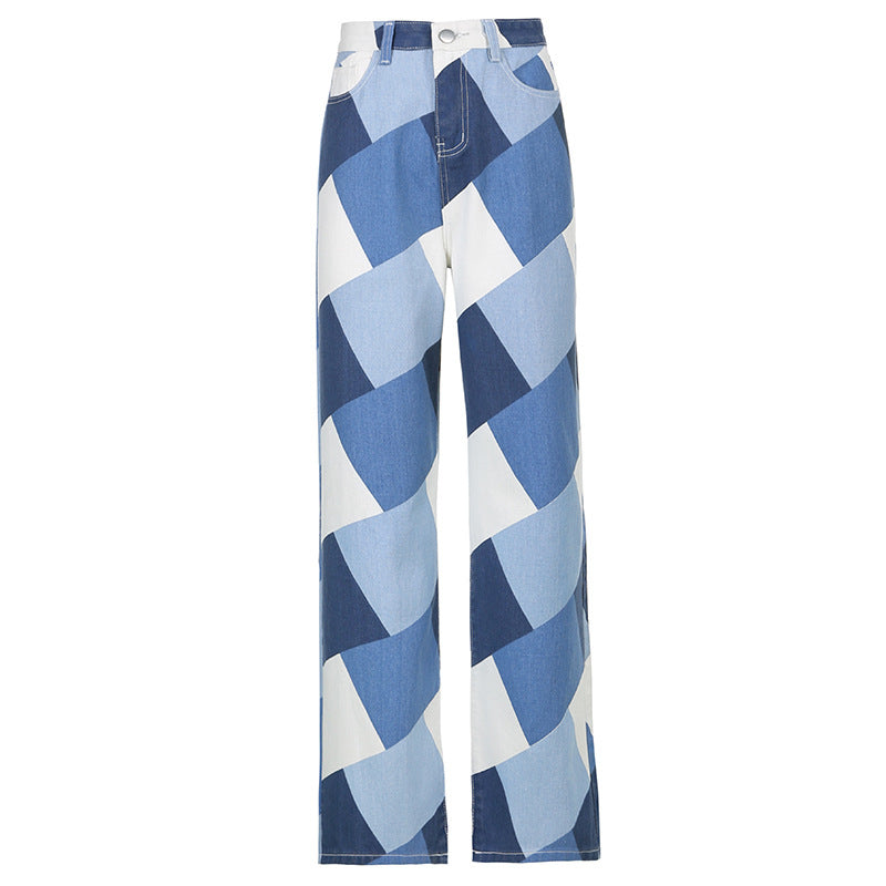 "BLUE WHITE CONTRAST DIAMOND CHECK" JEANS N040702