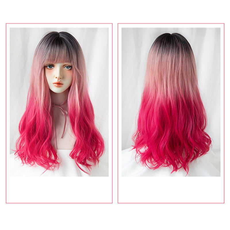 PINK GRADIENT BANGS LONG CURLY WIG UB2553
