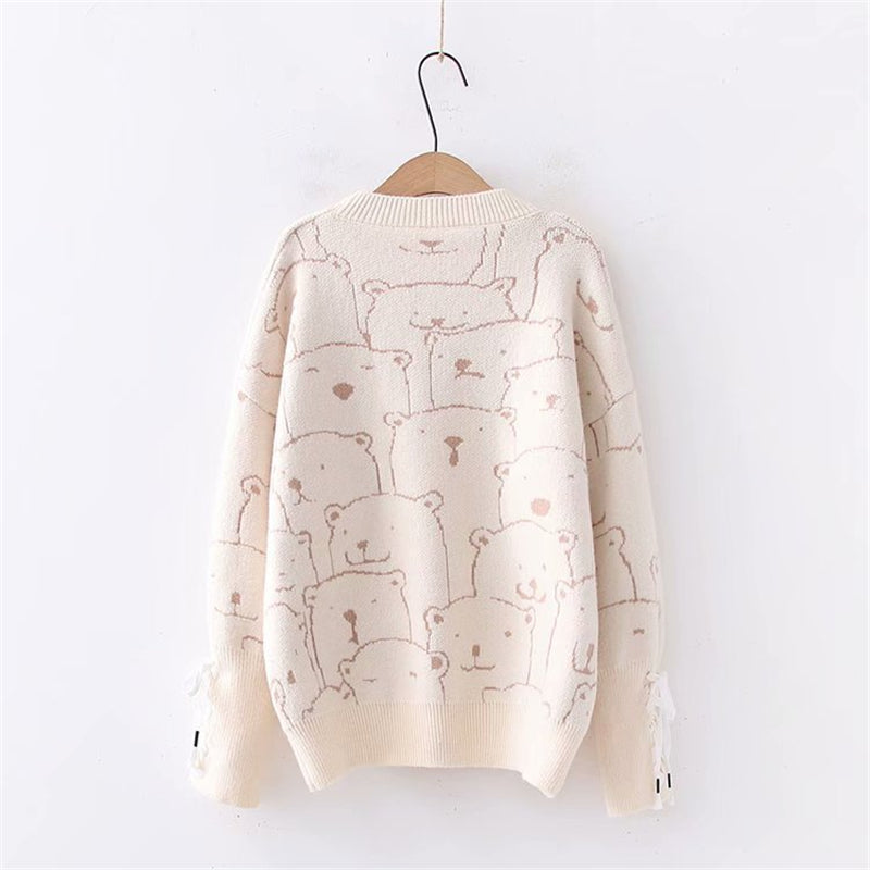 "BEAR PRINT CUFF TIE" SWEATER N123001