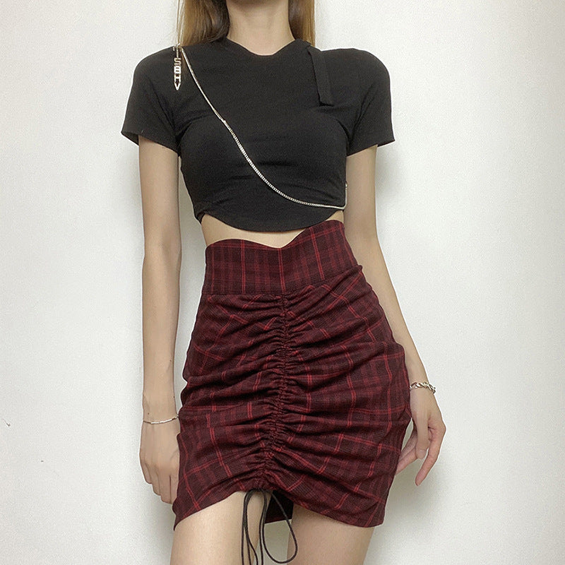 RED AND BLACK PLAID DRAWSTRING SKIRT UB2735