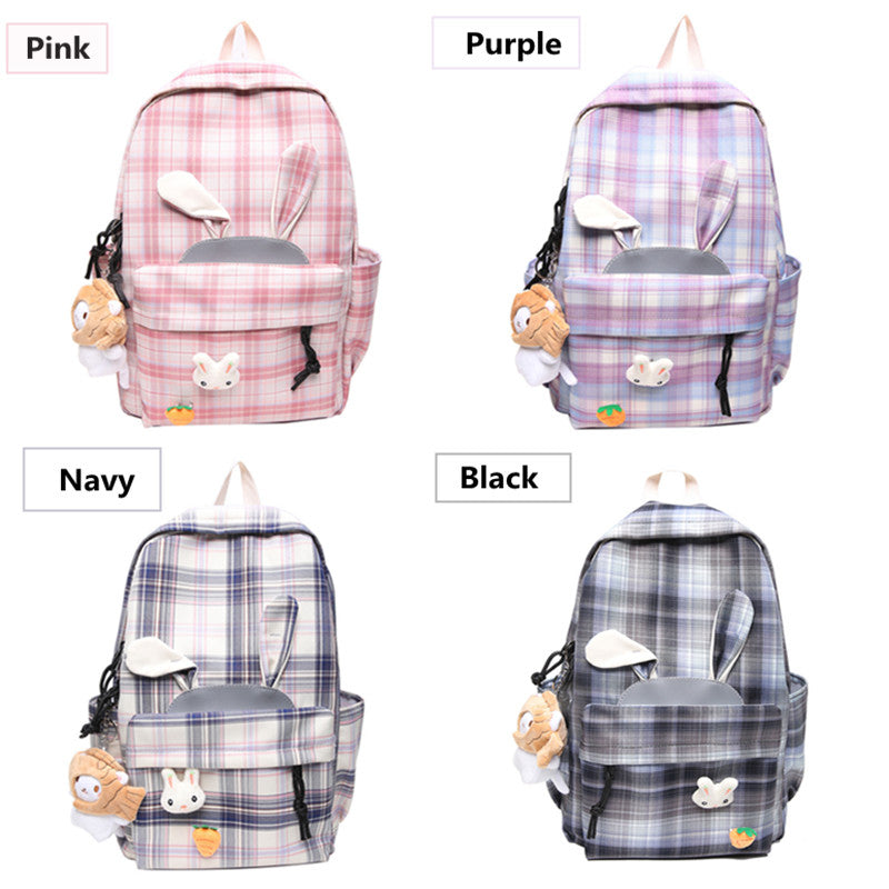 CUTE BUNNY EARS PLAID CHECK BACKPACK UB2597