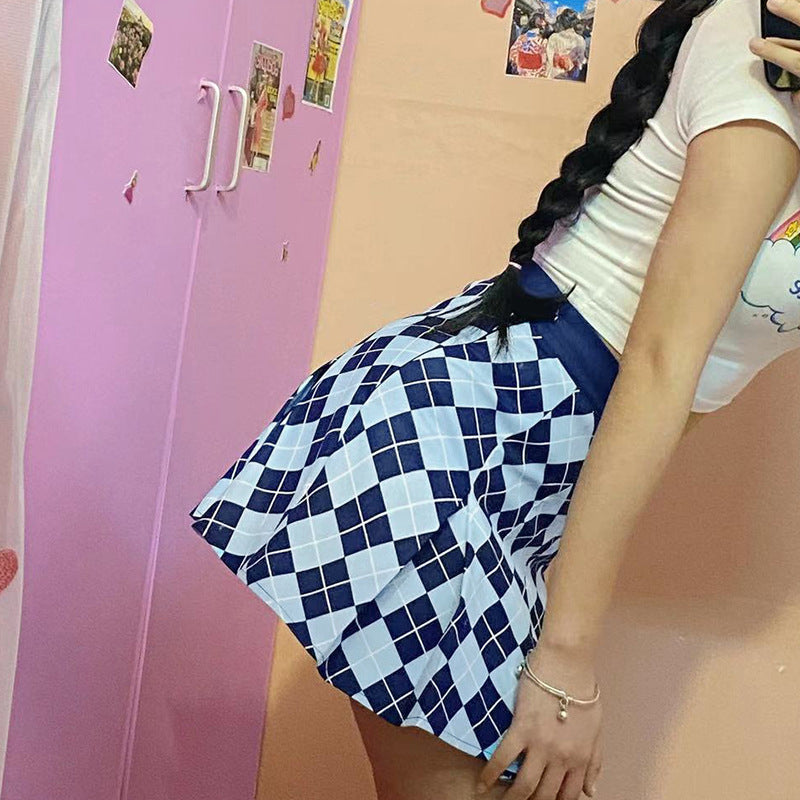 "BLUE DIAMOND CHECK PLEATED" SKIRT N040704