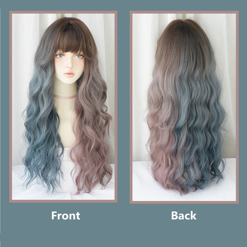 PINK BLUE STITCHING FLUFFY LONG CURLY WIG UB2572