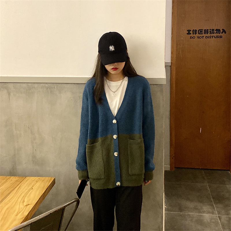 "BLUE GREEN COLORBLOCK" SWEATER CARDIGAN N092902